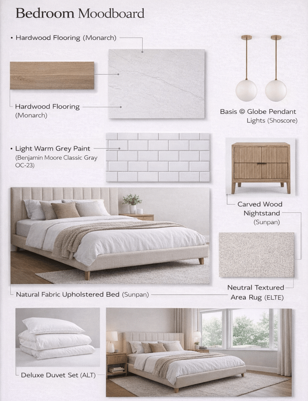 Modern bedroom moodboard for a Toronto home with engineered hardwood flooring, neutral upholstered bed, warm grey walls, and soft layered lighting