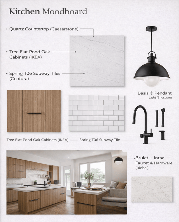 Modern kitchen moodboard for a Toronto renovation with oak cabinets, quartz countertops, subway tile backsplash, and black hardware