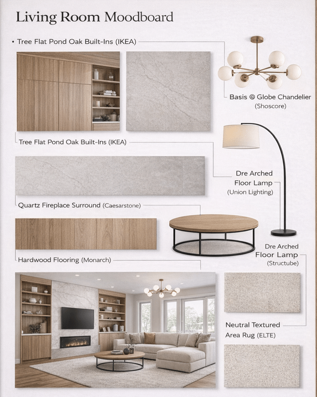 Modern living room moodboard for a Toronto home with built in oak cabinetry, quartz fireplace surround, and neutral furnishings