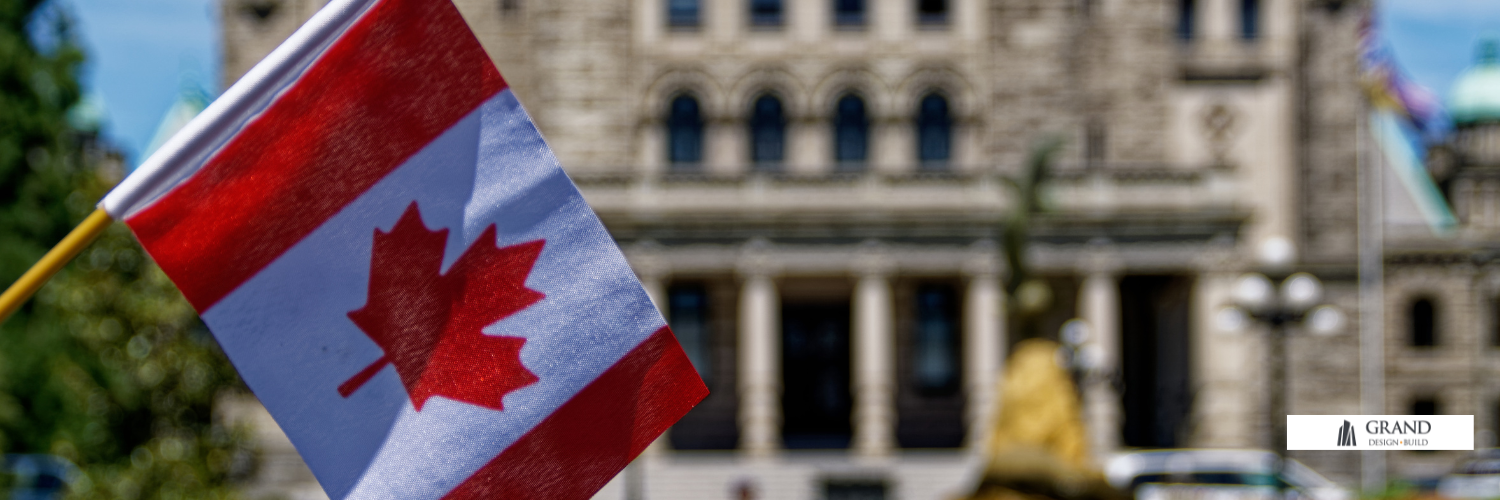 Housing Crisis in Canada 2025 with Canadian flag in front of government building