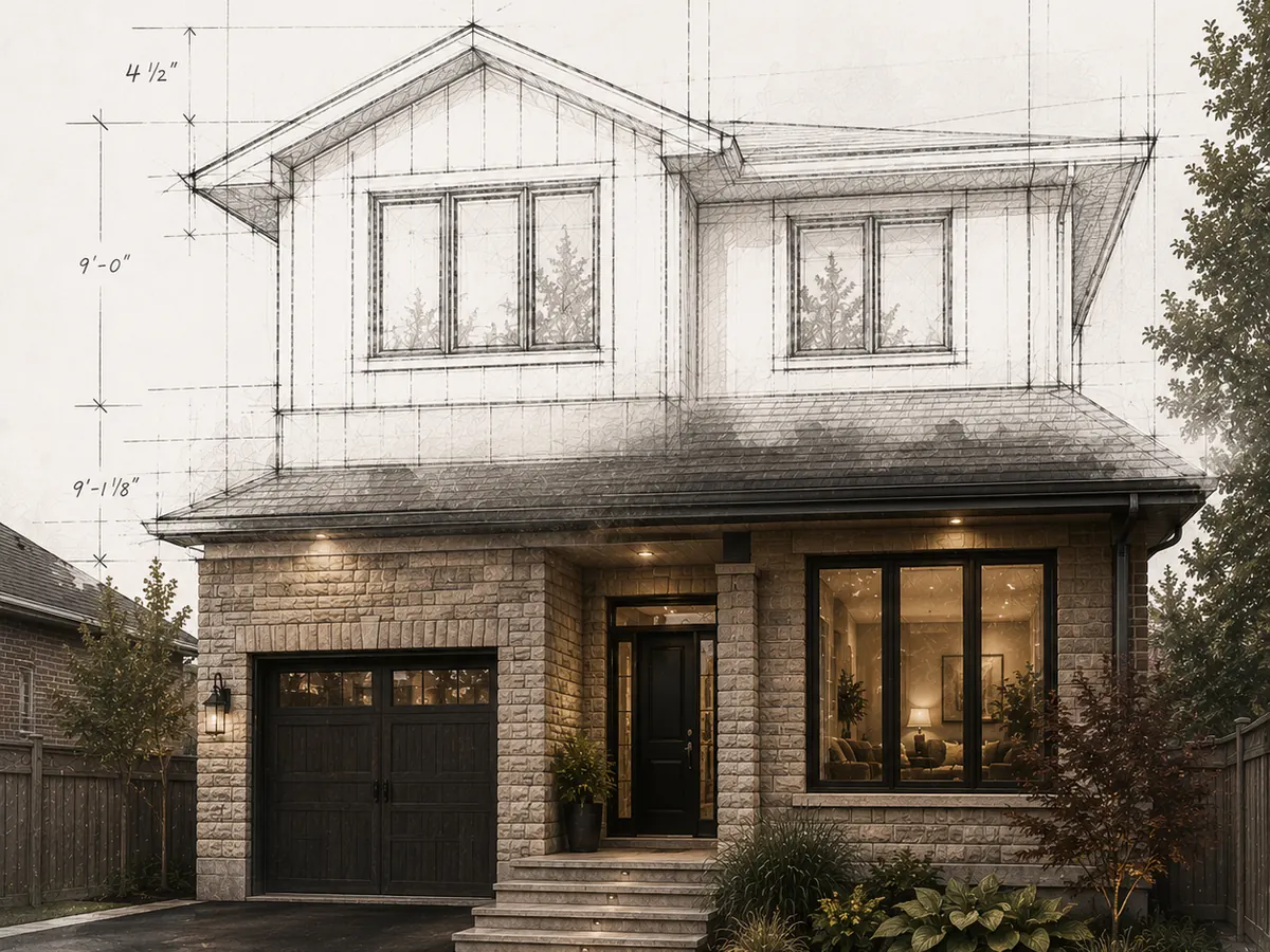 A proposed second storey drawn in pencil over a photograph of an existing Toronto bungalow, with dimension lines marking the new storey height