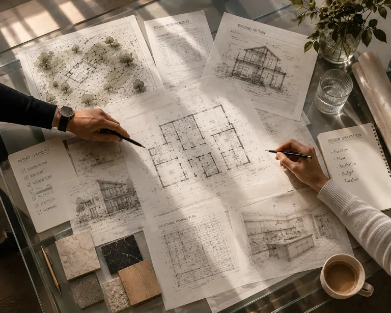 Two people at a table covered with site plans, elevations, floor plans and stone and timber samples, one pointing at a plan while the other writes