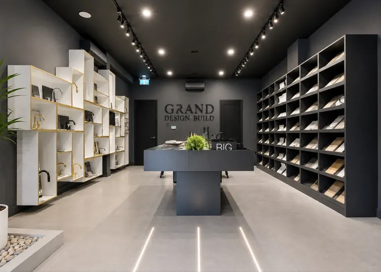 The selection room at the design centre, with tile racks along one wall and tap and hardware displays along the other