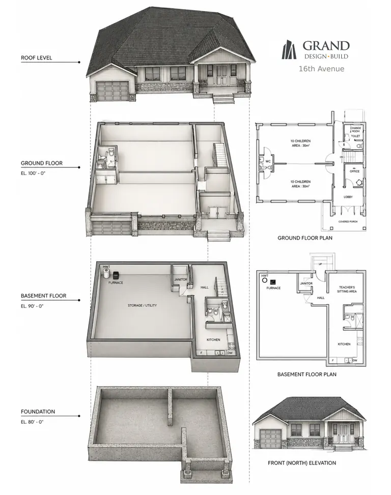 Design sheet for a 16th Avenue project showing the building cut into four levels, roof, ground floor, basement and foundation, beside the ground and basement floor plans and the front elevation