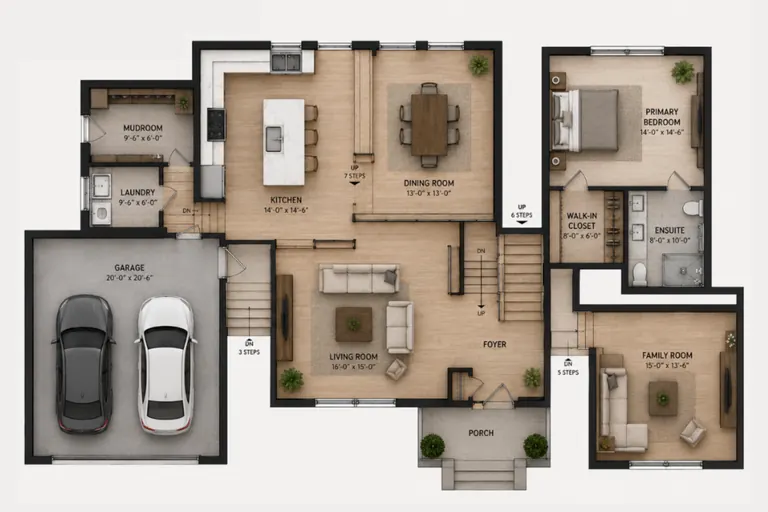 Three-dimensional floor plan of a house, furnished, seen from above