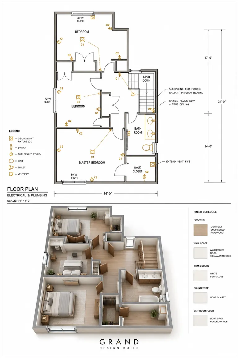 Permit floor plan for an addition, with the new construction marked against the existing house