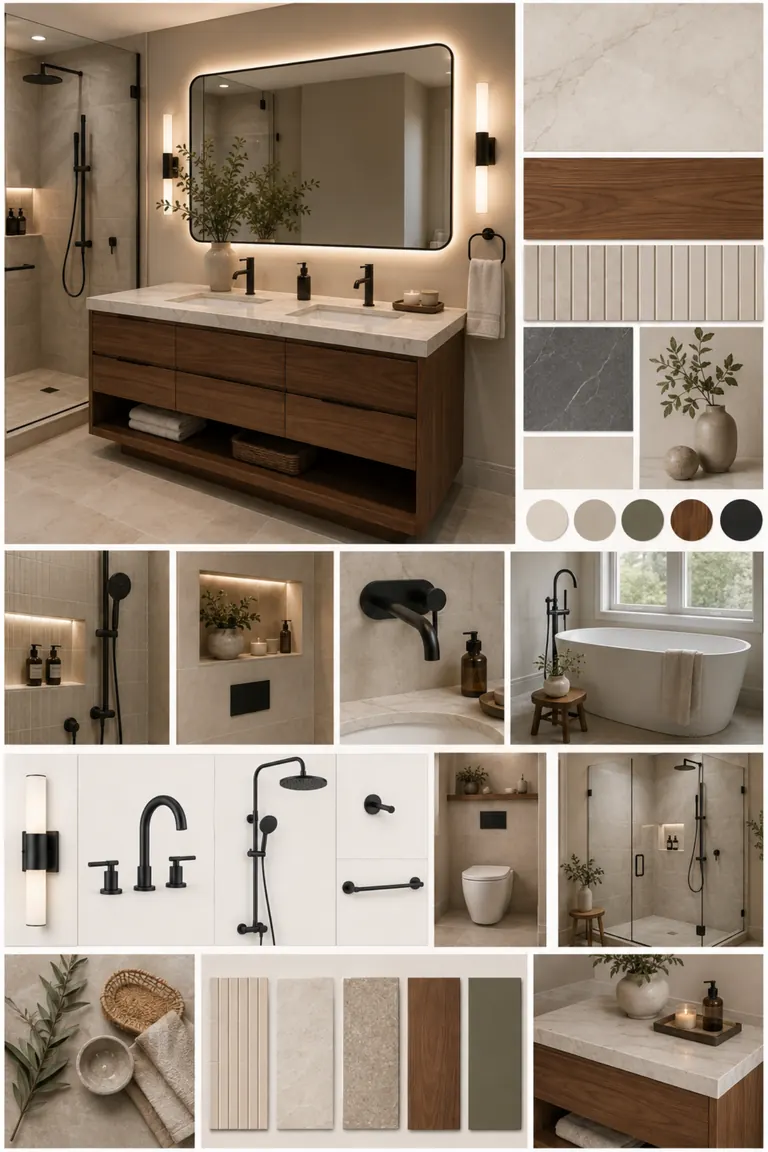 Bathroom design board with tile, stone and timber samples, tapware, lighting and finished views