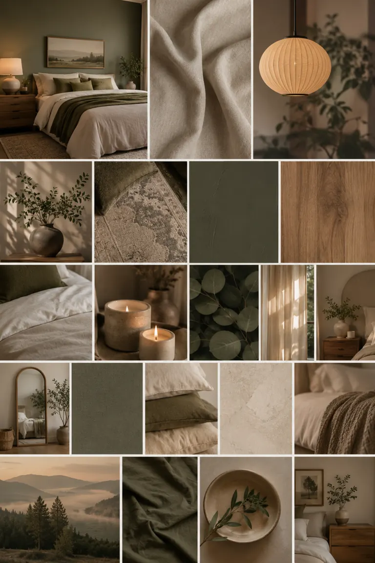 Bedroom design board with joinery and bedding views, timber, stone and textile samples, lighting and hardware
