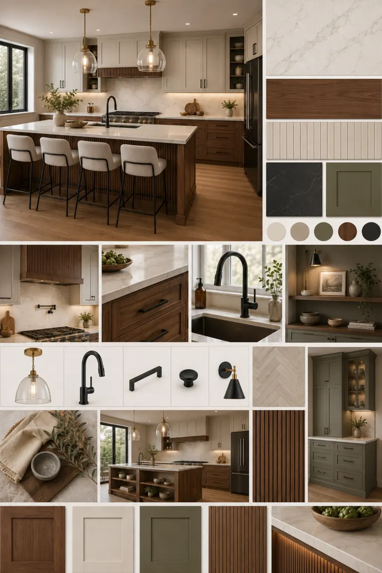 Kitchen design board with cabinetry and island views, stone and timber samples, tapware and lighting