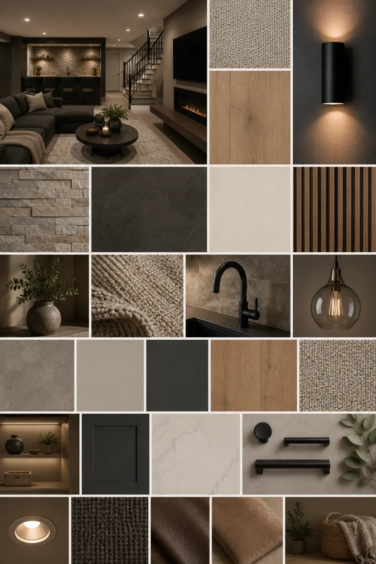 Lower-level design board with joinery and media wall views, stone, timber and paint samples and hardware