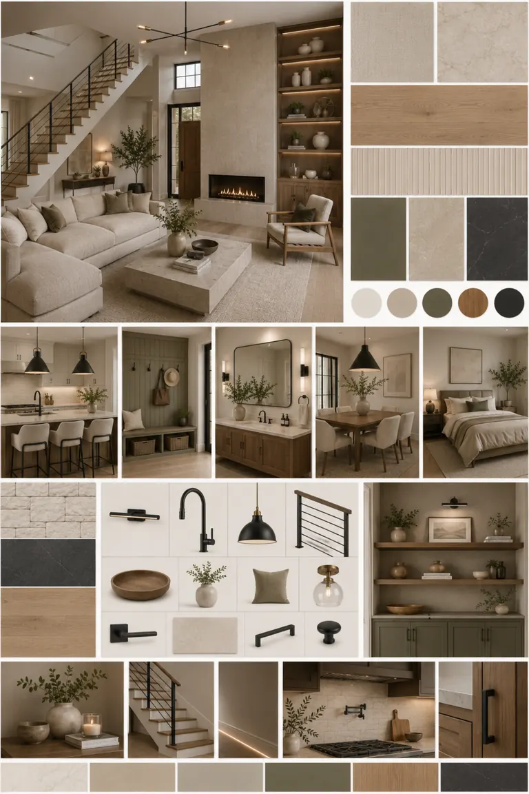 Whole-home design board: living, dining, bedroom and bathroom views with the material, paint and hardware selections beside them
