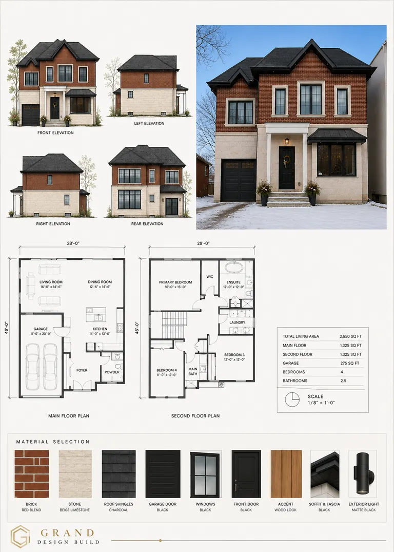Custom home design board: front, side and rear elevations, a render, both floor plans and the material selection