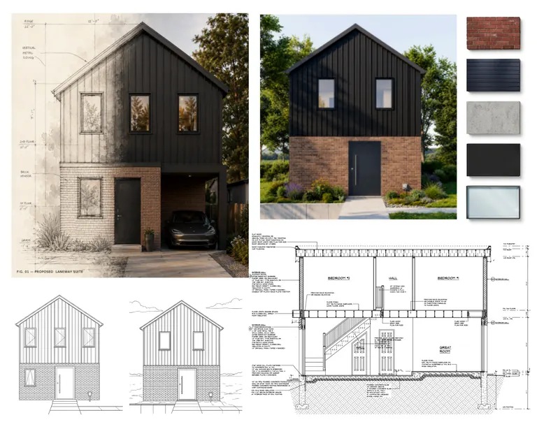 Design board for a proposed laneway suite on a Danforth lot, with elevations, a section and finish samples