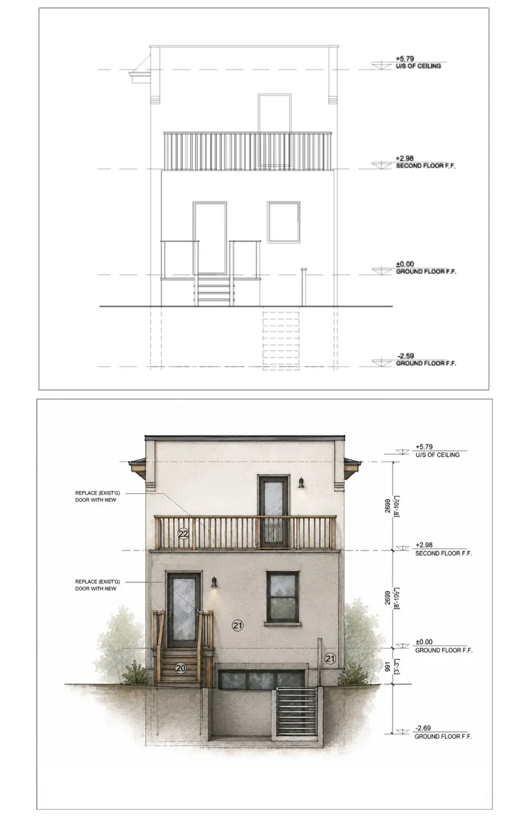 Pair of elevation drawings showing an existing house and the proposed rebuilt front