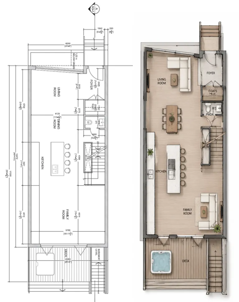 Floor plan beside a three-dimensional view of the same house and its rear garden