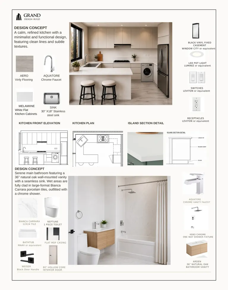 Design concept board for a kitchen and bathroom, with fixtures, finishes and elevations