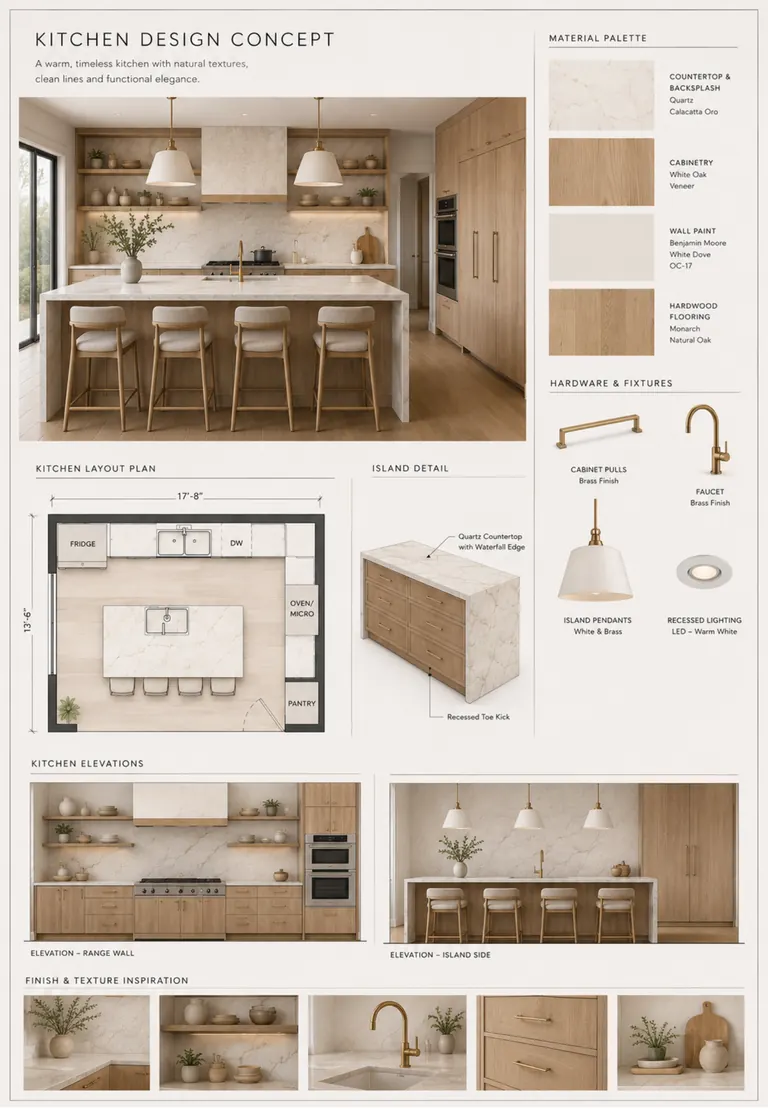 Kitchen design concept board with a layout plan, elevations, a material palette and hardware