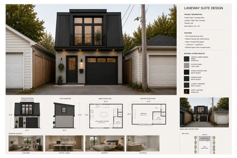 Laneway suite design sheet with the exterior, the plans and the elevations on one page