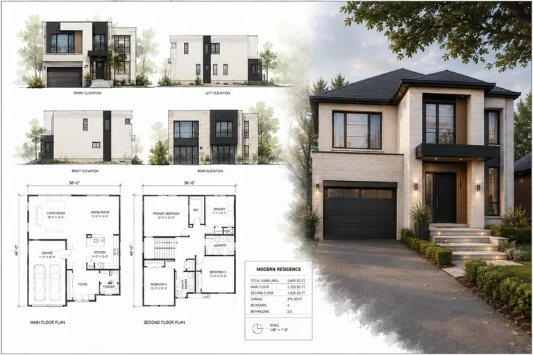 A Grand Design Build drawing set: front, side and rear elevations, main and second floor plans, and a finished render of the same house