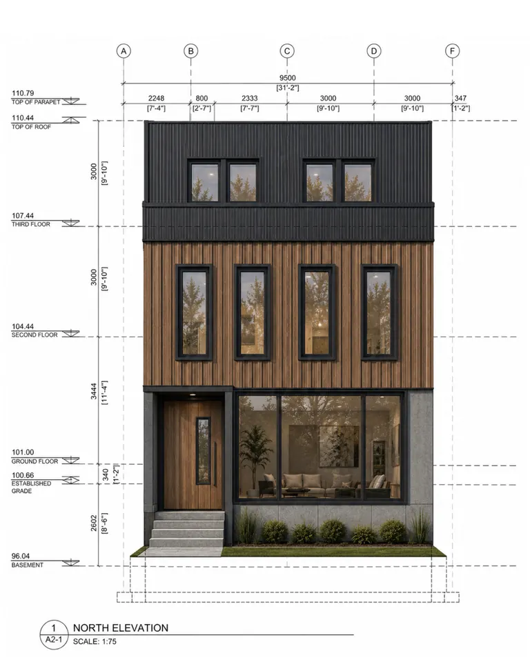 North elevation drawing of a three-storey townhouse in timber and dark cladding