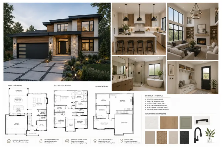 Design board showing four elevations, interior views and floor plans for a custom home