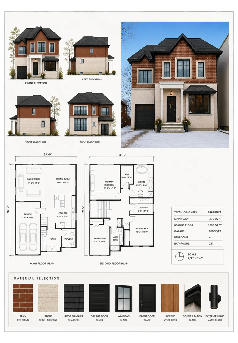 Design board with elevations, floor plans and the exterior material selection