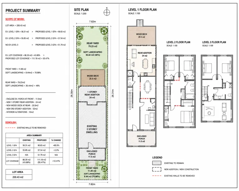 Project summary for a house addition: scope of work, site plan, and all three floor plans with the new construction marked