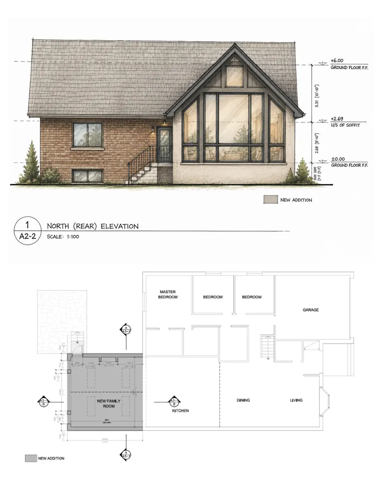 Rear elevation drawing and floor plan with the new addition shaded