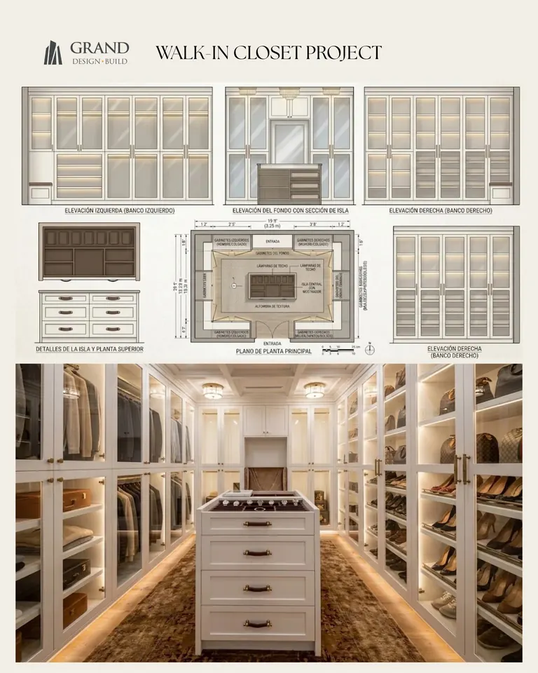 A Grand Design Build design sheet for a walk-in closet: three wall elevations, the island detail and the floor plan with dimensions, above a photograph of the finished room