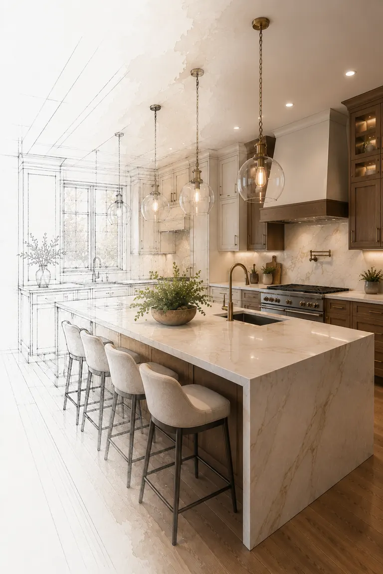 A kitchen shown half as a line drawing and half as the finished room