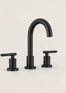 A matte black widespread basin tap with cross handles