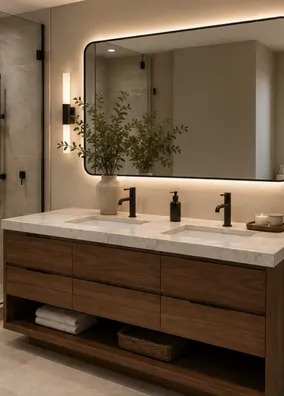 A floating walnut double vanity with a stone top and backlit mirror