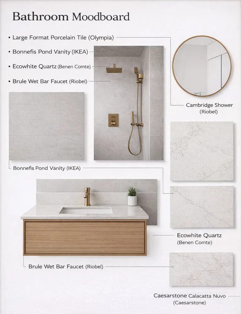 Moodboard tiles for a bathroom: large format porcelain tile, a floating oak vanity, quartz counter and brass fixtures