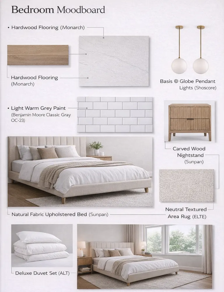 Moodboard tiles for a bedroom: engineered oak flooring, a neutral upholstered bed, warm grey wall paint and soft layered lighting
