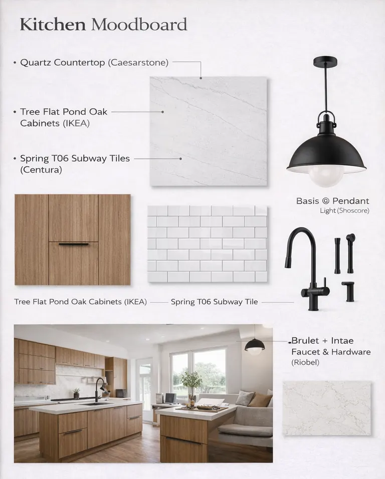 Moodboard tiles for a kitchen: oak cabinet fronts, light quartz counter, white subway tile and black hardware