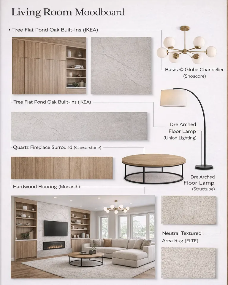 Moodboard tiles for a living room: built-in oak cabinetry, a quartz fireplace surround and neutral upholstery