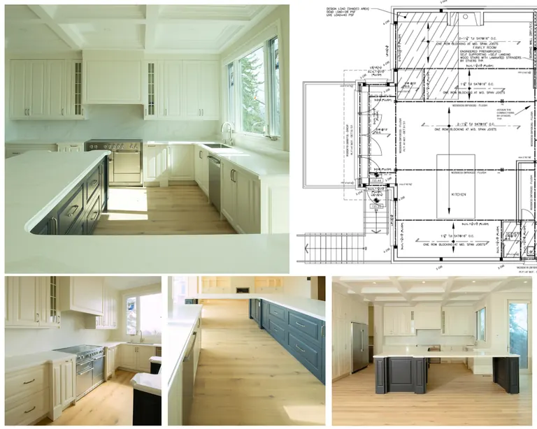 Finished kitchen in a Cliffcrest custom home, shown beside the framing plan it was built from