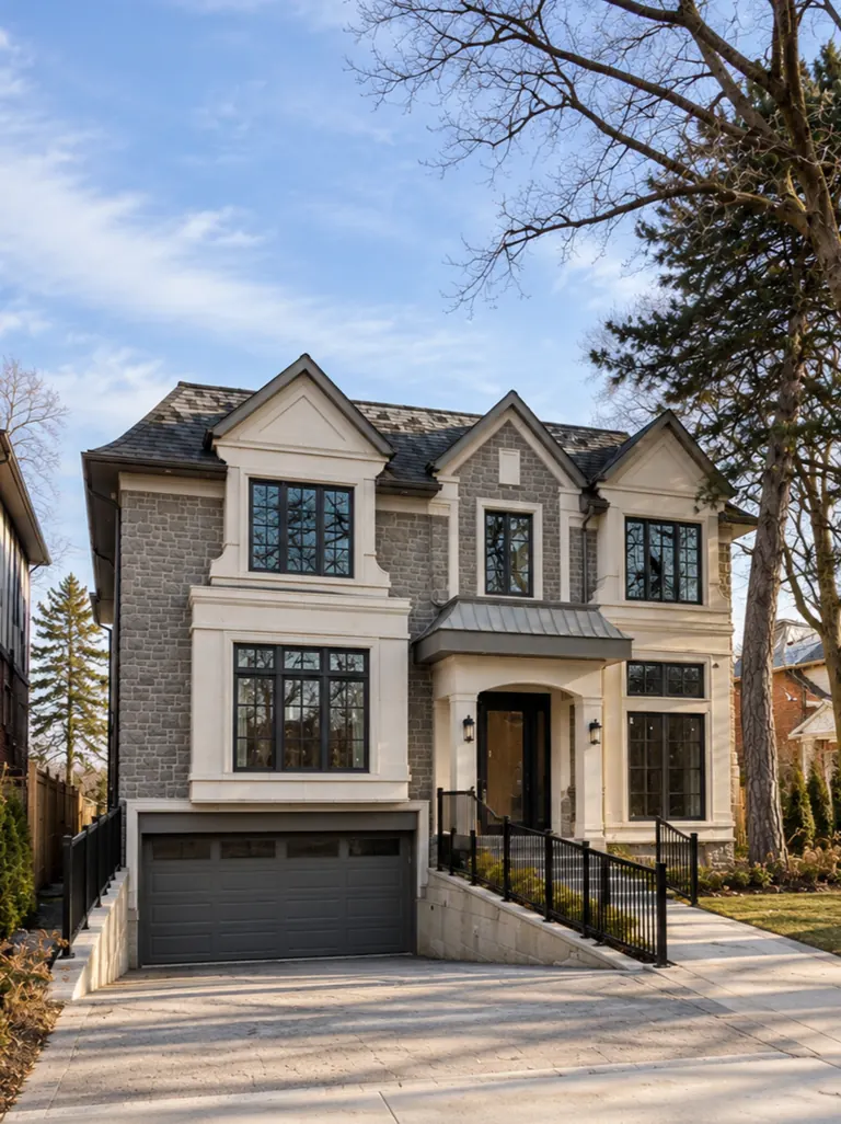 A finished custom home in grey stone and limestone with gabled dormers and a black-framed entrance