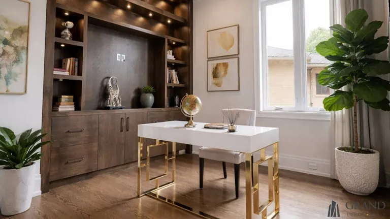 A finished home office with dark full-height built-in joinery, a lit display wall and a desk by the window