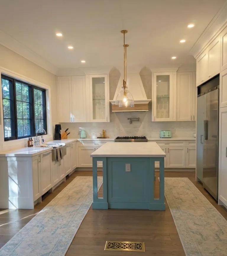 Finished kitchen with a painted island, brass fittings and a marble backsplash