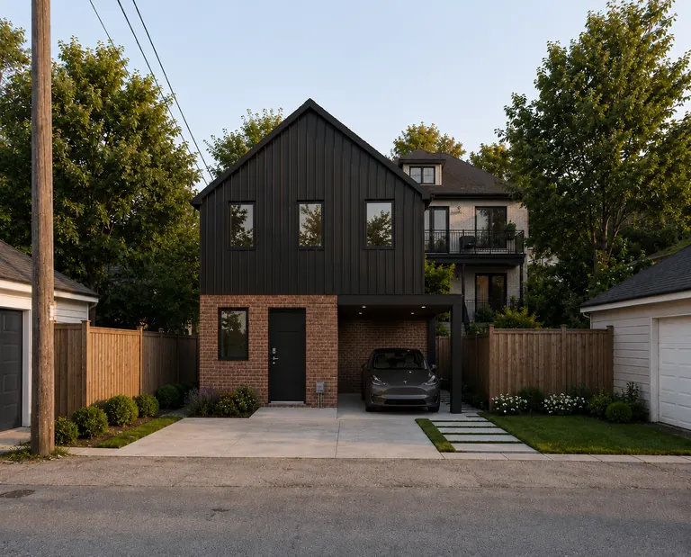 A two-storey laneway suite on a Toronto lane, black board-and-batten over a red brick ground floor, with a covered car port and a planted front strip