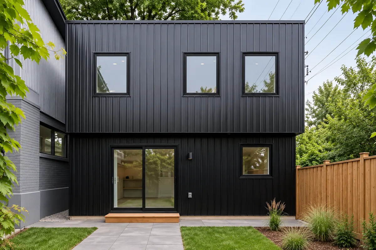 A finished two-storey garden suite clad in black vertical-seam metal, with sliding doors onto a paved path and a cedar fence alongside