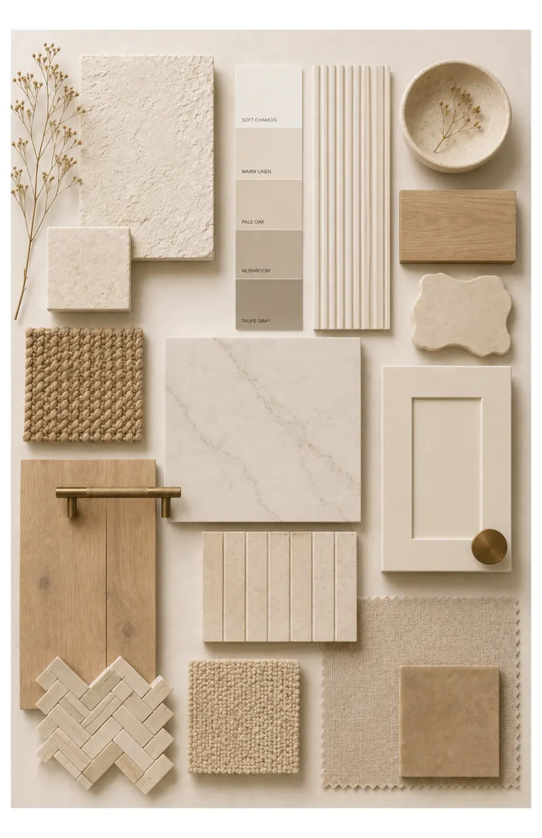 Material samples laid out together: stone, oak, plaster, tile and brushed metal