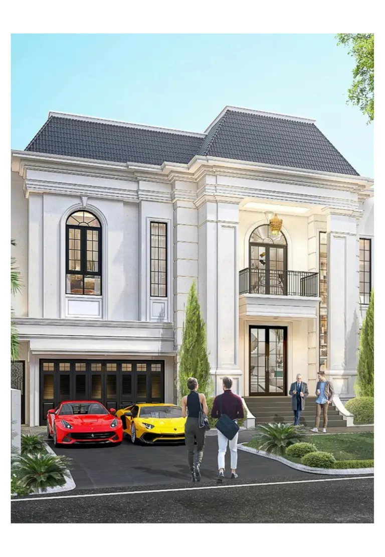 Render of a classical stone residence with arched windows and a portico