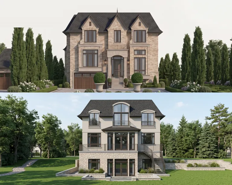 Renders of the front and rear of a custom home built by Grand Design Build in Cliffcrest