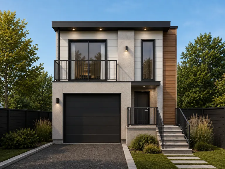A two-storey laneway suite with a ground-floor garage, an upper balcony and a wood-clad entry bay