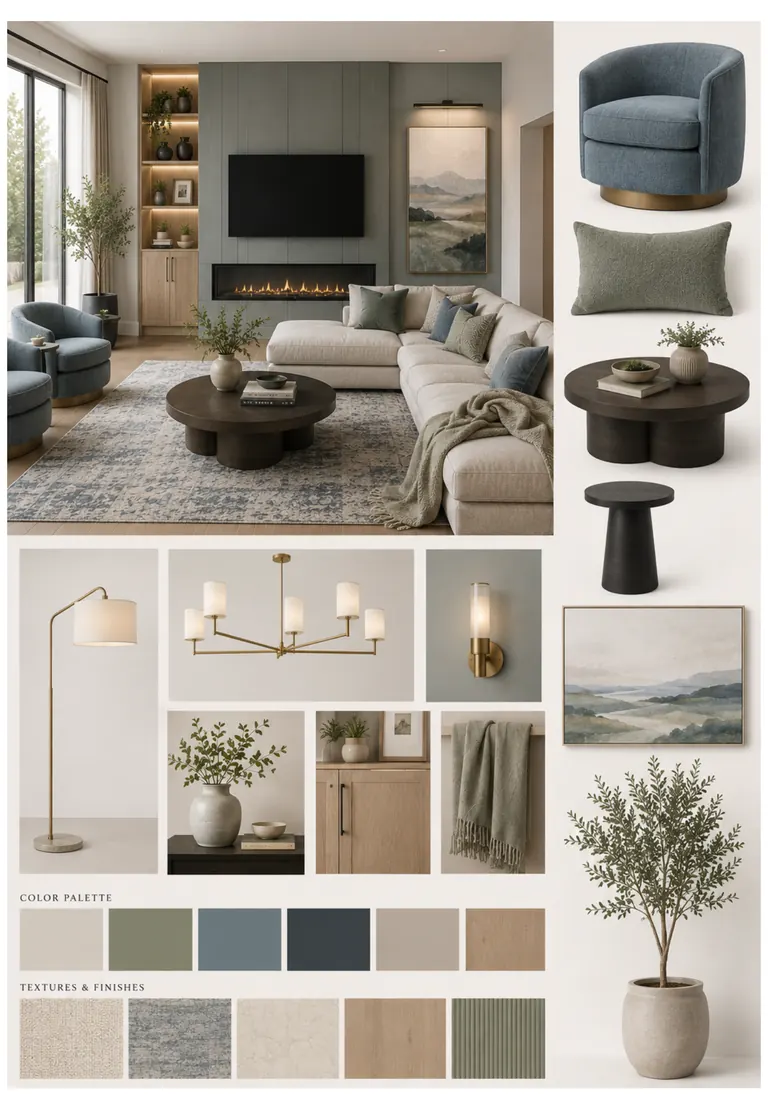 Interior scheme for a living room, with furniture, lighting and a colour palette