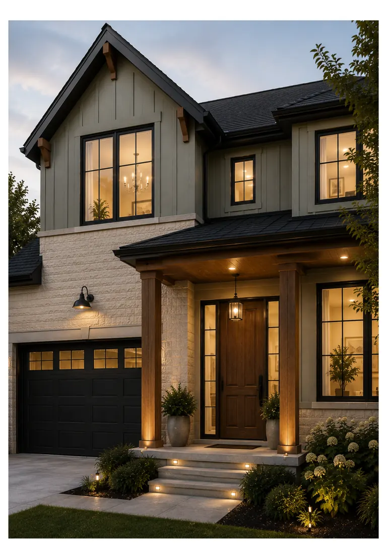 Render of a modern farmhouse exterior at dusk, with a gabled roof and covered entrance