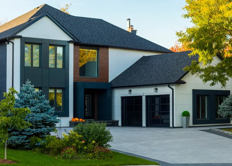 Render of a modern two-storey home with mature landscaping and a double garage