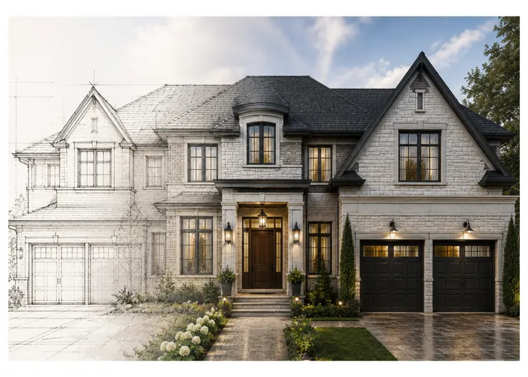 A traditional stone and brick home front, drawn as a pencil sketch on the left and resolving into a finished render on the right